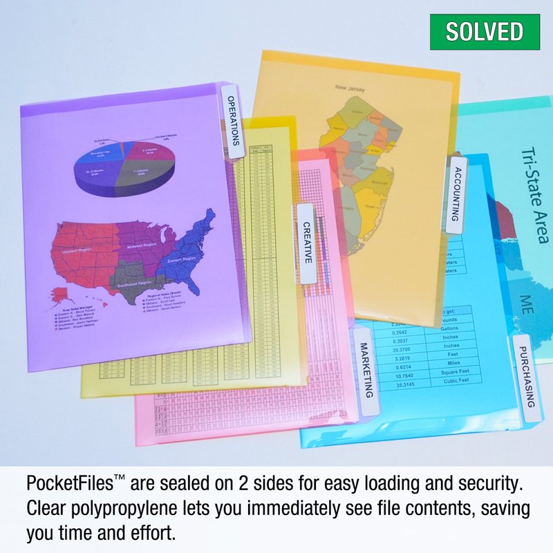 Office Document Folder Set - Clear Poly PocketFiles with Assorted Colors