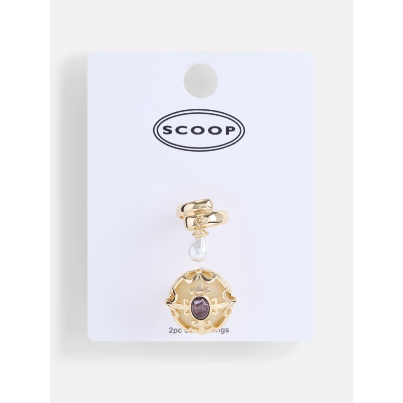 Gold-Tone Scroll and Wrap Rings Set for Women - 2 Pieces, Faux Pearl & Stone Accents
