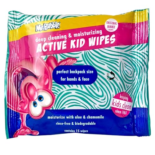 Mr. Bubble Moisturizing Kids Gentle Face and Hand Wipes, Travel Size Biodegradable Deep Cleaning Towelettes Made with Hydrating Aloe Vera and Chamomile (Pack of 12 Pouches, 15 Wipes Each)
