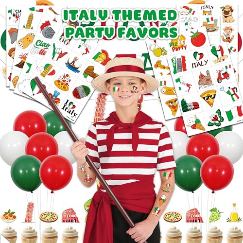 96 PCS Italy Italian Italia Flag Pre-Cut Temporary Tattoos for Kids | Super Cute Italy Themed Birthday Party Favors, Supplies, Decorations, Fake Tattoo Stickers, School Rewards Gifts For Boys & Girls