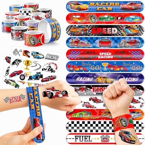 48PCS Race Car Party Set - 24PCS Temporary Tattoos & 24PCS Slap Bracelets - Racing-Themed Birthday Supplies, Baby Shower Gifts, Classroom Rewards & Party Decor for Kids (Boys & Girls)