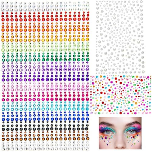 1550Pcs Self Adhesive Rhinestones Pearl for Face Makeup 15 Colors Rainbow Rhinestones Eyes Makeup Stick on Pearls Stickers DIY Nail Decorations