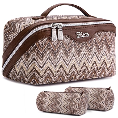 BOYATU Travel Makeup Bag for Women: Western Boho Make up Bag Set of 3 - Large Capacity Vegan Leather Cosmetic Bag - Waterproof Toiletry Bag with Compartments & Handle & Divider(J-2-Brown)