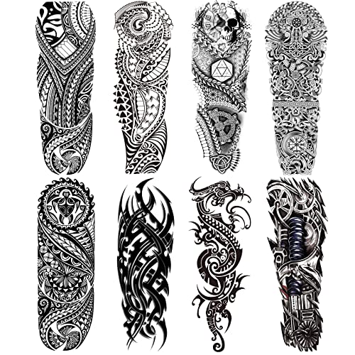Totem Fake Tattoos Sleeve For Men Women, Full Arm Tribal Polynesian Temporary Tattoo Sleeves Adult, Large Black Hawaiian Viking Dragon Temp Tatoo Sticker Leg Body Art Makeup, 8-Sheet