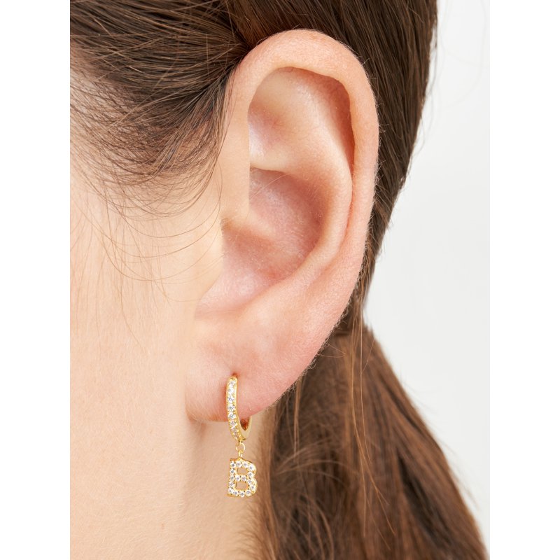 Initial Letter Hoop Earrings with Cubic Zirconia in 18K Gold Over Sterling Silver