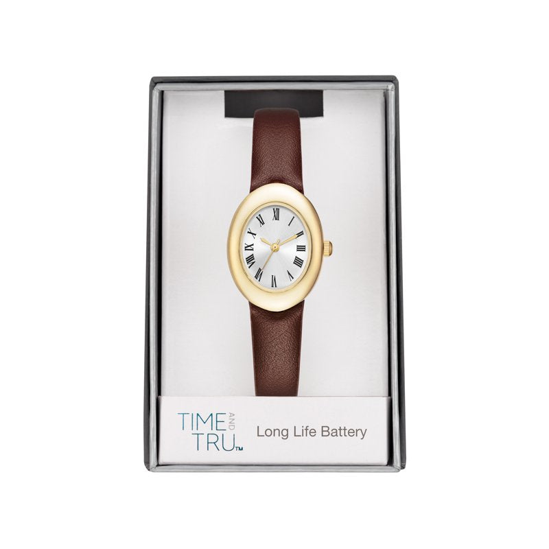 Women's Leather Strap Wristwatch with Gold-Tone Case and Roman Numerals
