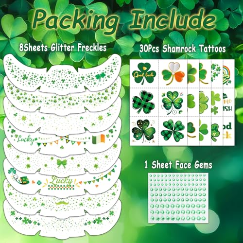 Glitter Freckles Face Tattoo, St Patrick's Day Glitter Shamrock Temporary Tattoos with Green Face Gems, Faux Freckles Saint Patricks Day Accessories Makeup Art Decorations Gift for Women