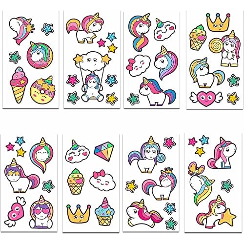 16 x Unicorn Kids Tattoos Temporary for a Party for Girls Age 7-8 Children Fake Transfer Stick on Rainbow Stars Butterfly Unisex Stickers Individual Sheets