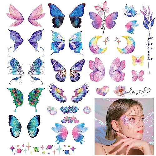 Konsait 12 Sheets Glitter Butterfly Temporary Tattoos for Women Kids Butterfly Face Sticker Glitter Tattoos Temporary for Girl Fairy Eye Makeup for Women Princess Fairy Party Favors