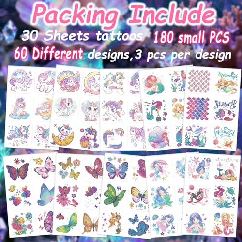 Glitter Temporary Tattoos for Girls - 180 Individually Sheets Mermaid Butterfly Unicorn Tattoo Stickers for Kids, Waterproof Fake Tattoos for Birthday Party Favors Goodie Bags Stuffers Party Fillers