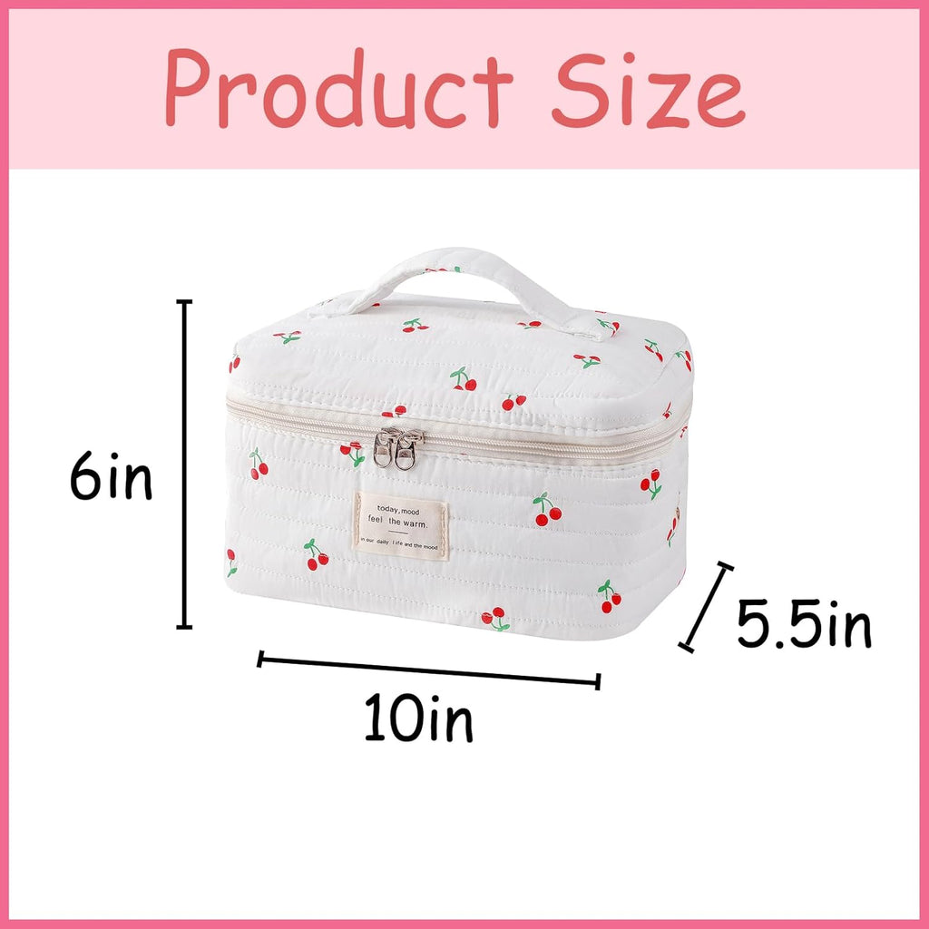 uekeboag Large Travel Quilted Makeup Bag for Women, Floral Cotton Cosmetic Bag, Coquette Aesthetic Floral Toiletry Organizer Bag