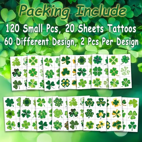 120Pcs Shamrock Temporary Tattoos Bulk - St Patricks Day Tattoos Pre Cut Design, Saint Patricks Patty Face Tattoo Stickers Adults Lucky Irish Makeup Party Favors Supplies Traditional Holiday Festival