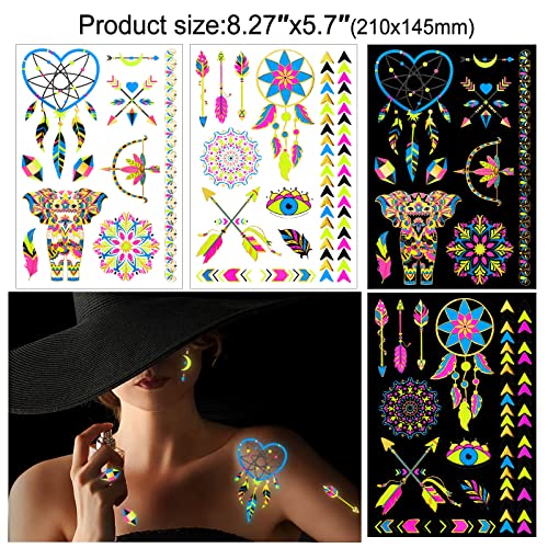 HOWAF 8 Large Neon Glow in The Dark Metallic Gold Temporary Tattoos, Assorted Designs Glow UV Neon Metallic Peacock Feather Mandala Flower Fake Waterproof Tattoo Stickers for Women Men Girls Body Art