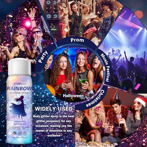 DAMUSI Silver Body Glitter Spray, Shiny Hair and Body Glitter Spray for Clothes, Holographic Glitter Hairspray Quick-Drying Long-Lasting Shimmer Highlighter Powder for Festival Concert Party Rave Prom