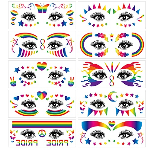 10 Sheets Gay Pride Face Temporary Tattoo Sticker, Rainbow Stripes Heart Star Butterfly Pattern Stickers, LGBT Facial Makeup Sticker for Pride Equality Party Parade Decoration Supplies