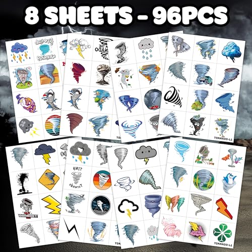 96PCS Tornado Pre-Cut Temporary Tattoos ? Twonado Theme Birthday Party Decorations, Cute Storm Stickers Favors, Gifts for Kids Boys Girls, School Supplies, Prizes, Rewards