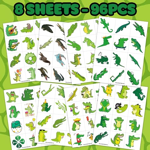 96 PCS Alligator Pre-Cut Temporary Tattoos Birthday Party Decorations Supplies Favors Alligator Crocodile Animal Decor Stickers Girls Boys Gift School Prizes Rewards