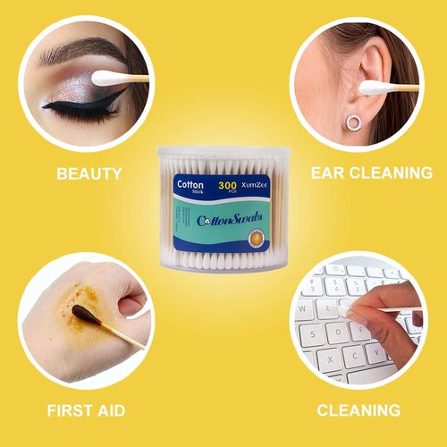 300ct Cotton Swabs with Strong Bamboo Sticks by Xumzee: 100% Pure Natural Cotton,Biodegradable, Chemical Free Cotton Buds