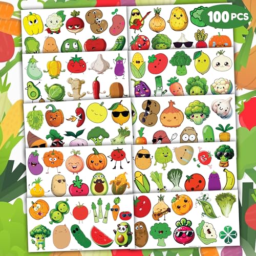 100 PCS Funny Vegetable Temporary Tattoos Sticker for Kids Avocado Corn Pumpkin Birthday Party Decorations Supplies Favors Celebration Gifts Boys Girls Baby Shower Cute Tattoo School Reward Themed