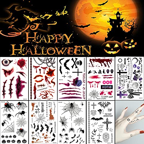Halloween Tattoos Day of the Dead Temporary Tattoos Face Fake Stickers for Halloween Party Decoration 9sheet Spider Scar Skull Body Makeup Decals
