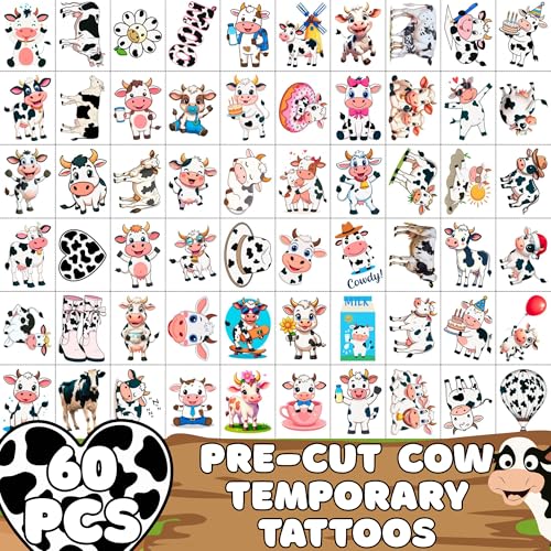 Cow Temporary Tattoos | Cute Cow Birthday Party Decorations Stickers Party Favors Supplies Accessories D?cor Gift Idea For Kids Boy Girl Teen Adult 60Pcs 4 Sheets Pre-cut
