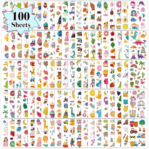 Partywind 100 Sheets (1150 Styles) Temporary Tattoos for Kids Goodie Bag Stuffers, Fake Tattoo Stickers for Boys and Girls Party Favors Supplies, Cute Birthday Prizes for Kids Back to School