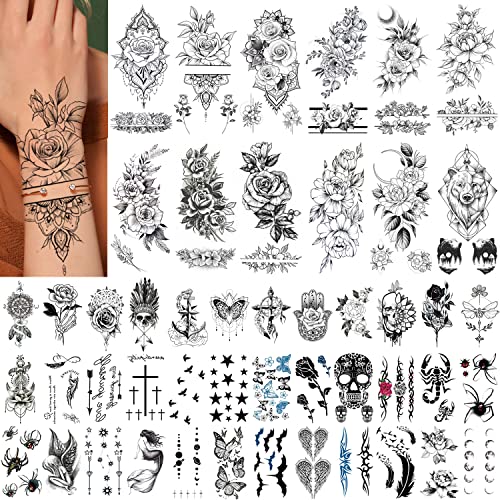 GLARYYEARS Floral Temporary Tattoo, 48-Pack Large + Small size Realistic Flower Tattoos, Mix Design Variety Pack Fake Tattoo Stickers for Women Girls Adults, Long-lasting Body Tattoos for Party