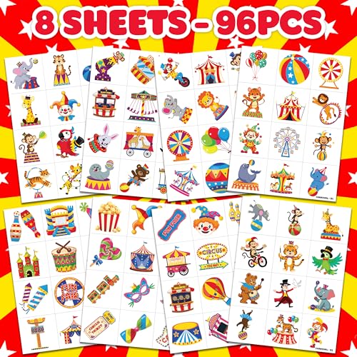 96PCS Carnival Circus Clown Pre-Cut Temporary Tattoos for Kids | Super Cute Themed Birthday Party Favors, Supplies, Decorations, Animal Fake Tattoo Stickers (Multiple)