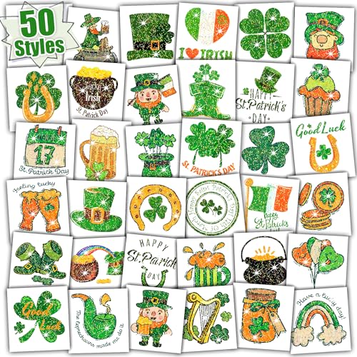 Partywind Glitter St Patrick's Day Tattoos for Decorations, Saint Patrick's Day Accessories for Kids Party Supplies, Irish Shamrock Tattoo Stickers for Green Day Party