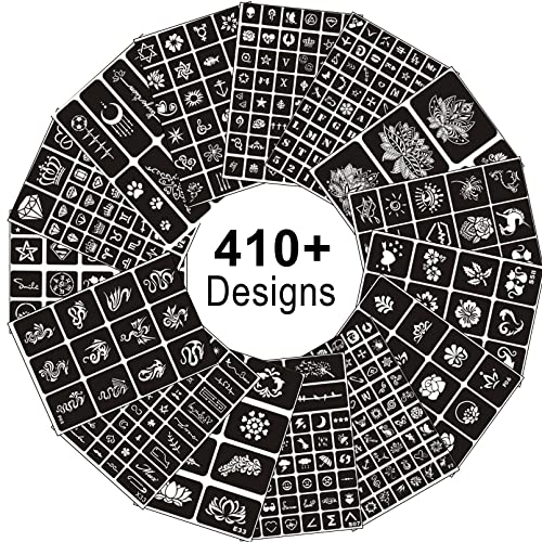Temporary Tattoo Stencils for Women Girls and Kids, 410+ PCS Henna Tattoo Stencil Kit,Temporary Indian Arabian Glitter Airbrush Tattoo Stencils for Face Body Paint DIY
