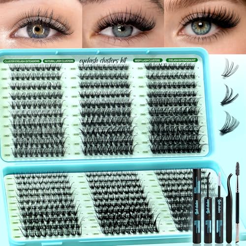 600 Pcs Wispy Lash Clusters Kit, D Curl Lashes Clusters Natural Look 9-16mm Individual Super Thin Band DIY Cluster Eyelash Extensions Kit with Bond Seal Tweezers Brush (30D 40D 50D Mix)