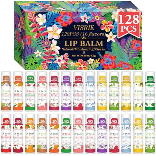 128 Pack Lip Balm, Natural Lip Balm Bulk with Vitamin E and Coconut Oil, Bulk Moisturizing Lip Balms for Dry Lips-16 Flavors