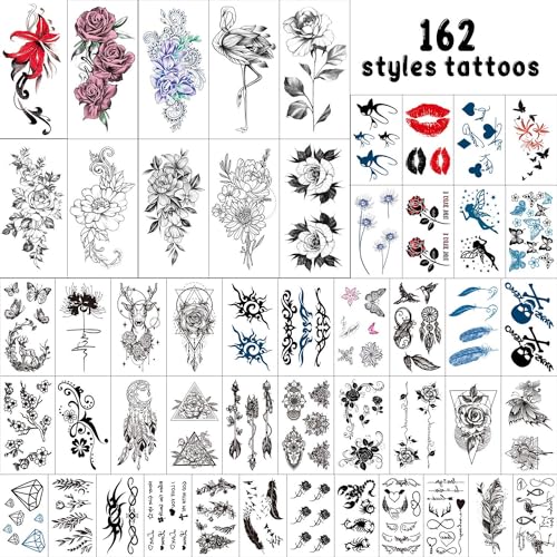 Cerlaza 162 Styles Temporary Tattoos for Women Adults Girls, Fake Sleeve Henna Sexy Tattoo Stickers, Leg Makeup Waterproof Realistic Long Lasting Semi Permanent Tattoos Kit-50 sheets