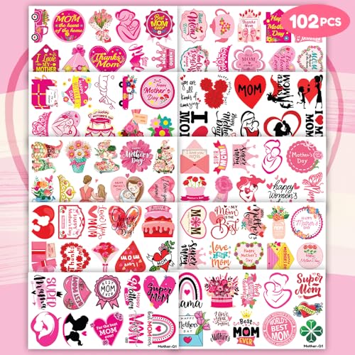 102 PCS Happy Mother¡¯s Mothers Day Temporary Tattoos Birthday Themed Party Decorations Supplies Favors Decor Cute Best Mom Ever Stickers Tattoo Gifts for Class Prizes Women Kids Boys Girls Carnival