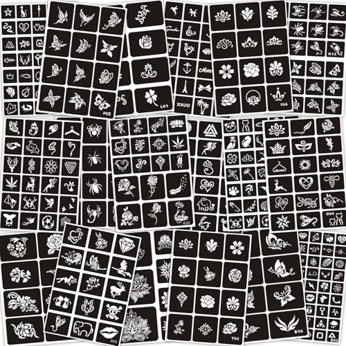 Temporary Tattoo Stencils Reusable for Women Girls, 344 PCS Henna Tattoo Stencil Kit, Temporary Glitter Tattoo Stencils for Face Body Paint DIY