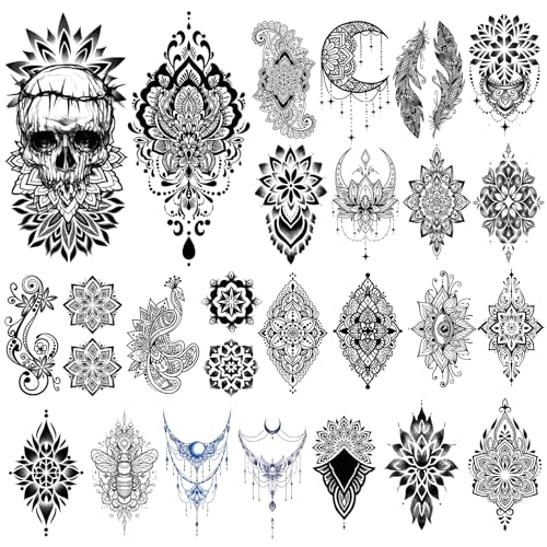 48 Sheets Mandala Flower Bohemia Full Arm Sleeve Temporary Tattoos for Women Girls, Skull Owl Black Fake Tattoos Neck Chest Arm Stickers Waterproof