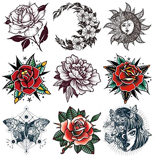 9 Sheets Women Hand Back Red Rose Black Flower Sun Moon Butterfly Totem Temporary Tattoo Stickers