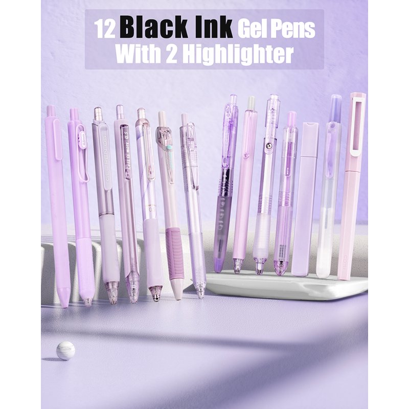 Purple Gel Pen Set 14 Pack Retractable 0.5mm Fine Point with Highlighters