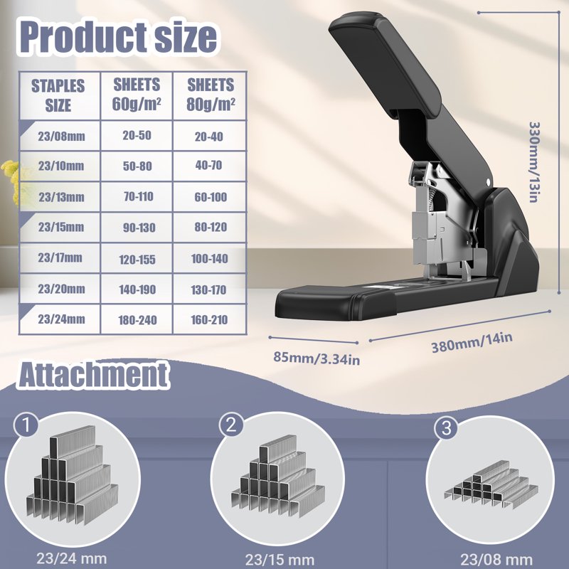 Labor-Saving Heavy Duty Stapler 240-Sheet Capacity with 3 Staple Sizes Included