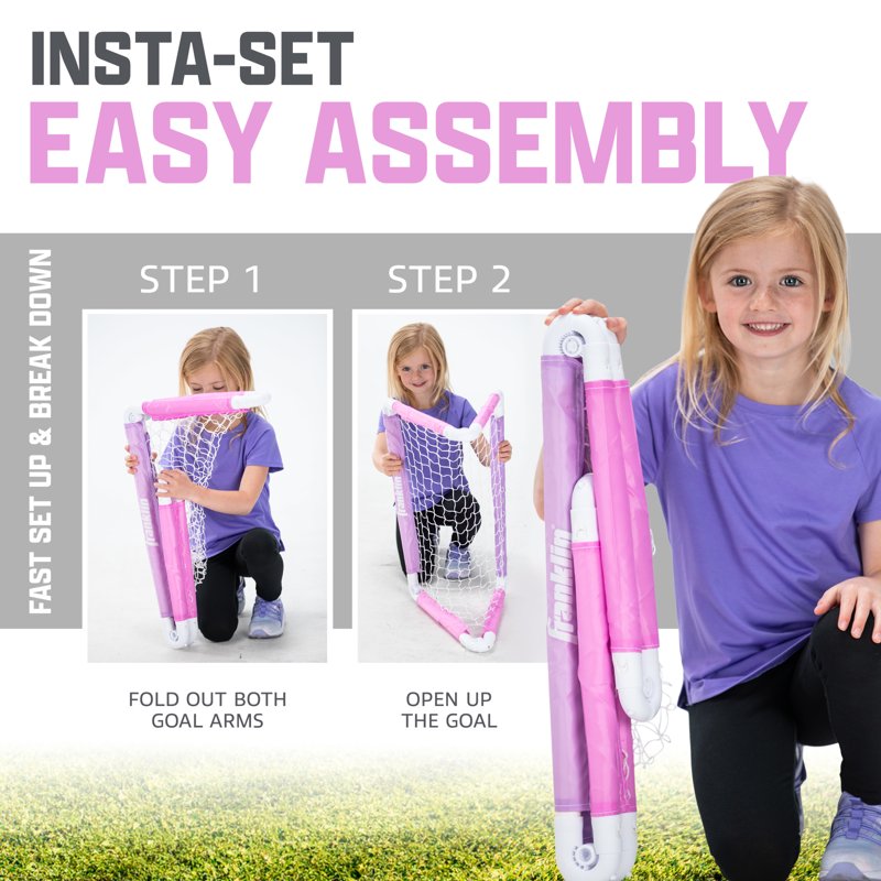 Franklin Sports Kids Mini Soccer Goal with Ball and Pump – 24x16 Folding Goal, Pink/Purple