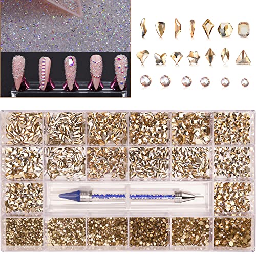 8000Pcs Mini 1.2mm Nail Rhinestones Sand Nail Diamonds Micro Pixie Crystals for Nails+Champagne Gold Nail Rhinestones Gems Stones Jewels Multi Round Shape for Nail Art Crafts with Wax Pen HINABTRU