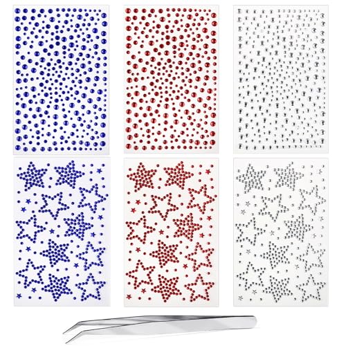 6 Sheets Rhinestone Sticker Self Adhesive Rhinestones Gems for Face Eyes Makeup Hair Body Stick on Rhinestones Stickers for Independent Festival Decal Decor(Red Blue White)