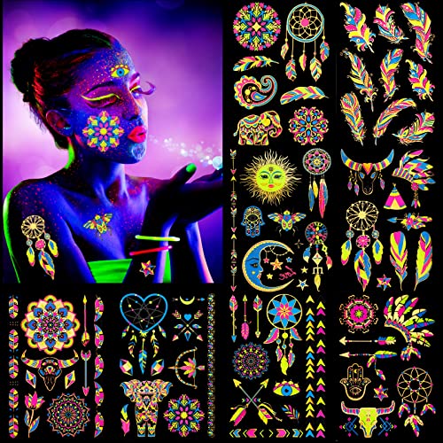 HOWAF 8 Large Neon Glow in The Dark Metallic Gold Temporary Tattoos, Assorted Designs Glow UV Neon Metallic Peacock Feather Mandala Flower Fake Waterproof Tattoo Stickers for Women Men Girls Body Art