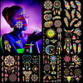 HOWAF 8 Large Neon Glow in The Dark Metallic Gold Temporary Tattoos, Assorted Designs Glow UV Neon Metallic Peacock Feather Mandala Flower Fake Waterproof Tattoo Stickers for Women Men Girls Body Art