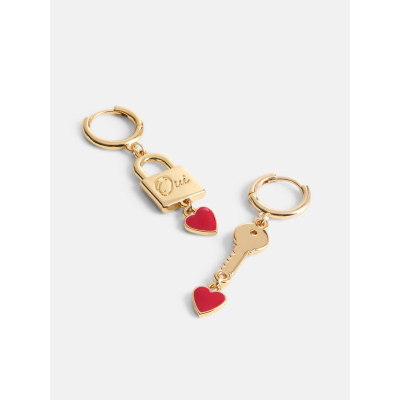 Goldtone Hoop Earrings with Lock and Key Charms for Women