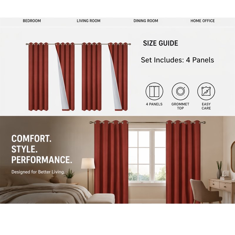 Blackout Linen Texture Curtains with Grommet Top - Room Darkening Panel Set