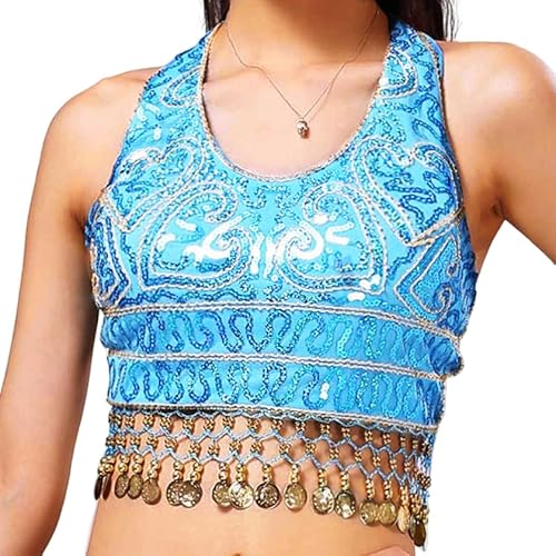 GRAEEN Belly Dance Sequin Crop Top Coin Tassel Rave Carnival Costume Bra Tops for Women