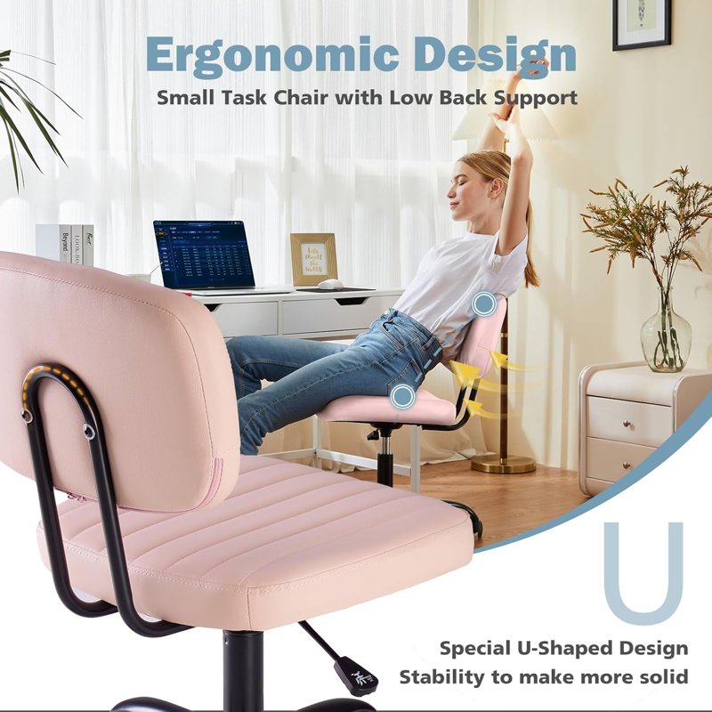 Armless Vanity Chair for Makeup & Home Office - Pink, Adjustable, Swivel