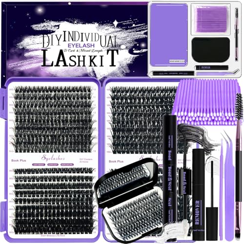 DIY Lash Extension Kit 750Pcs D Curl Individual Lash Clusters Eyelashes Extension Set with Lash Bond&Seal Glue Remover Tweezers Lash Brush Applicator Mirror Lash Storage Box