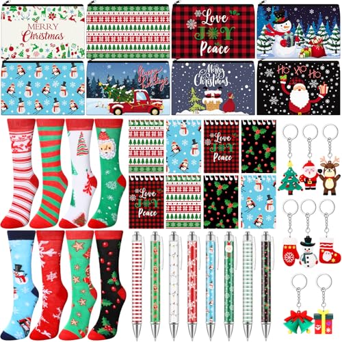 32 Pcs Christmas Gifts Set Christmas Makeup Bags Bulk Santa Socks Holiday to Do List Notepad Snowman Ballpoint Pens Keychain Xmas Party Winter Gifts